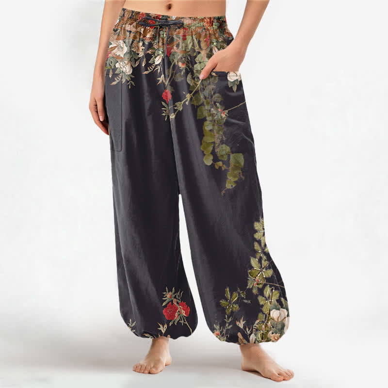 Buddha Stones Pantaloni harem da donna in cotone vintage con motivo a peonia rossa e vita elasticizzata, con tasche laterali. - Nero - US16, UK/AU20, EU48 (3XL) - image 0