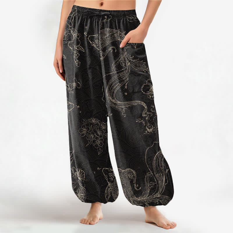Buddha Stones Pantaloni harem da donna in cotone con elastico in vita e motivo floreale con carpe koi, dotati di tasche laterali. - Nero - US16, UK/AU20, EU48 (3XL) - image 0