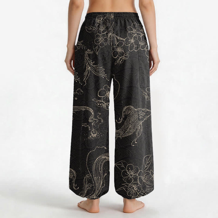 Buddha Stones Pantaloni harem da donna in cotone con elastico in vita e motivo floreale con carpe koi, dotati di tasche laterali. - image 2