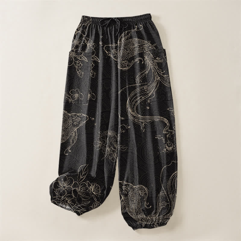 Buddha Stones Pantaloni harem da donna in cotone con elastico in vita e motivo floreale con carpe koi, dotati di tasche laterali. - image 3