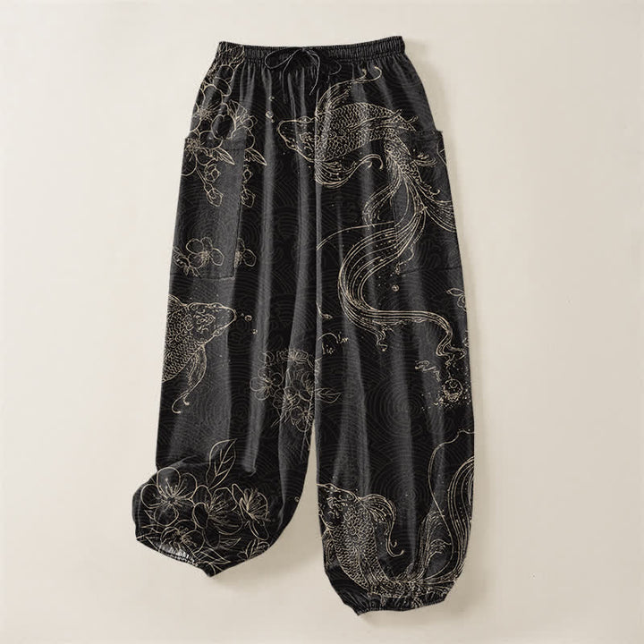 Buddha Stones Pantaloni harem da donna in cotone con elastico in vita e motivo floreale con carpe koi, dotati di tasche laterali. - image 3