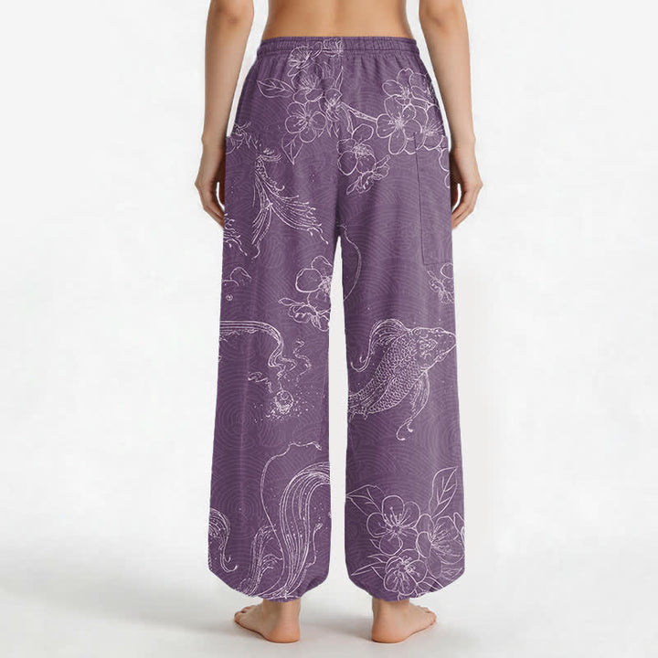 Buddha Stones Pantaloni harem da donna in cotone con elastico in vita e motivo floreale con carpe koi, dotati di tasche laterali. - image 9