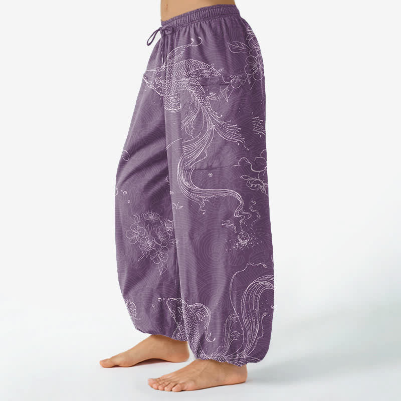Buddha Stones Pantaloni harem da donna in cotone con elastico in vita e motivo floreale con carpe koi, dotati di tasche laterali. - image 8