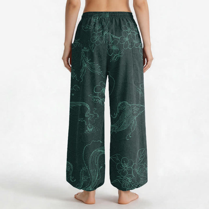 Buddha Stones Pantaloni harem da donna in cotone con elastico in vita e motivo floreale con carpe koi, dotati di tasche laterali. - image 12