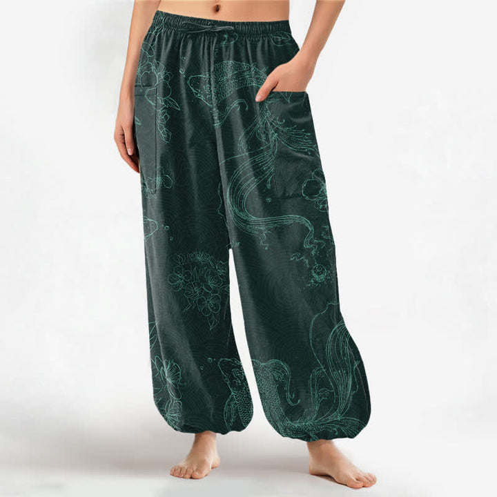 Buddha Stones Pantaloni harem da donna in cotone con elastico in vita e motivo floreale con carpe koi, dotati di tasche laterali. - Verde acqua - US16, UK/AU20, EU48 (3XL) - image 10