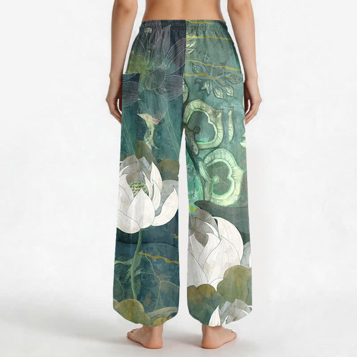 Buddha Stones Pantaloni harem da donna in cotone bianco con motivo a foglie di loto, elastico in vita e tasche laterali. - image 2