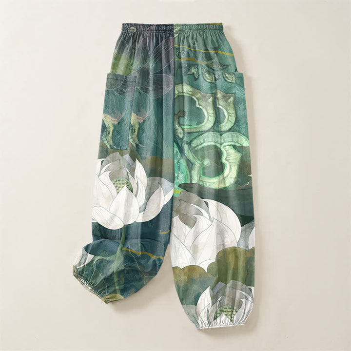 Buddha Stones Pantaloni harem da donna in cotone bianco con motivo a foglie di loto, elastico in vita e tasche laterali. - image 4