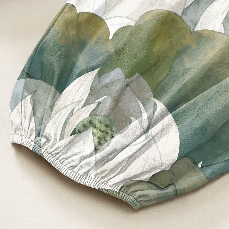 Buddha Stones Pantaloni harem da donna in cotone bianco con motivo a foglie di loto, elastico in vita e tasche laterali. - image 6