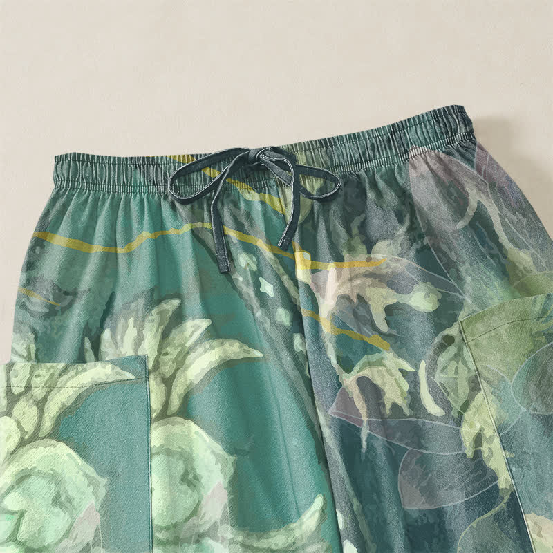 Buddha Stones Pantaloni harem da donna in cotone bianco con motivo a foglie di loto, elastico in vita e tasche laterali. - image 5