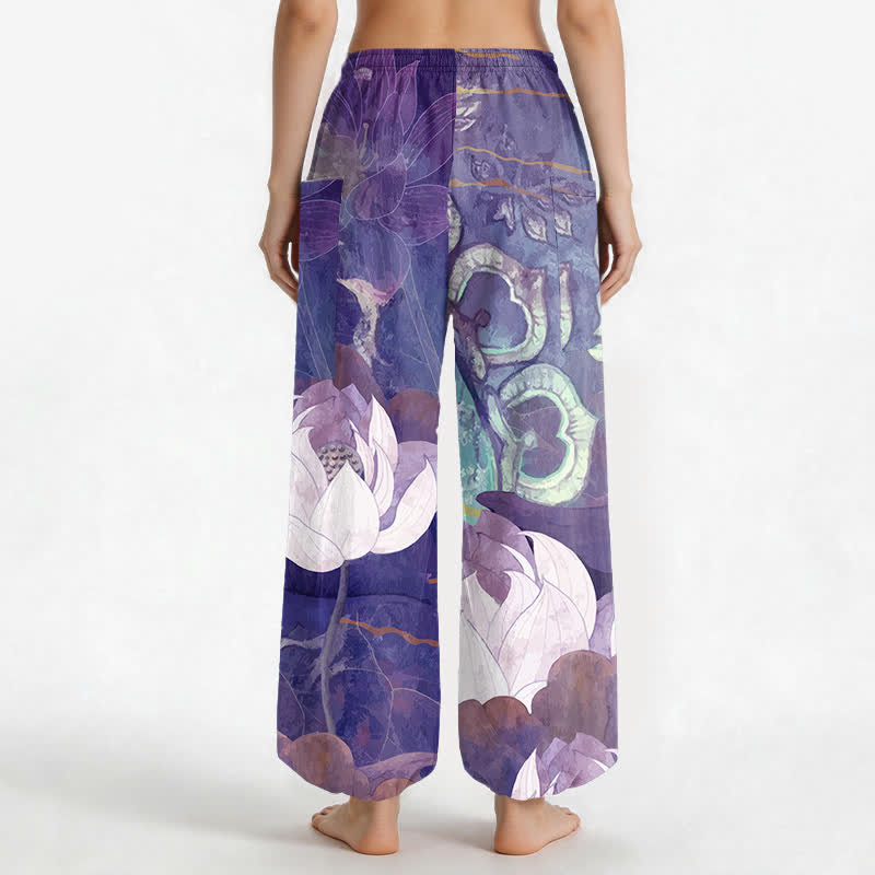 Buddha Stones Pantaloni harem da donna in cotone bianco con motivo a foglie di loto, elastico in vita e tasche laterali. - image 12