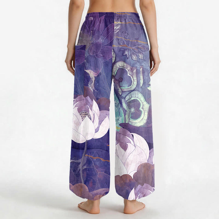 Buddha Stones Pantaloni harem da donna in cotone bianco con motivo a foglie di loto, elastico in vita e tasche laterali. - image 12