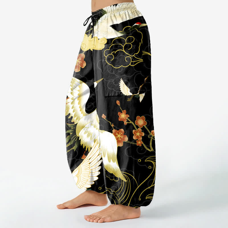 Buddha Stones Pantaloni harem da donna in cotone con elastico in vita e motivo floreale orientale a gru e nuvole, con tasche laterali. - image 1