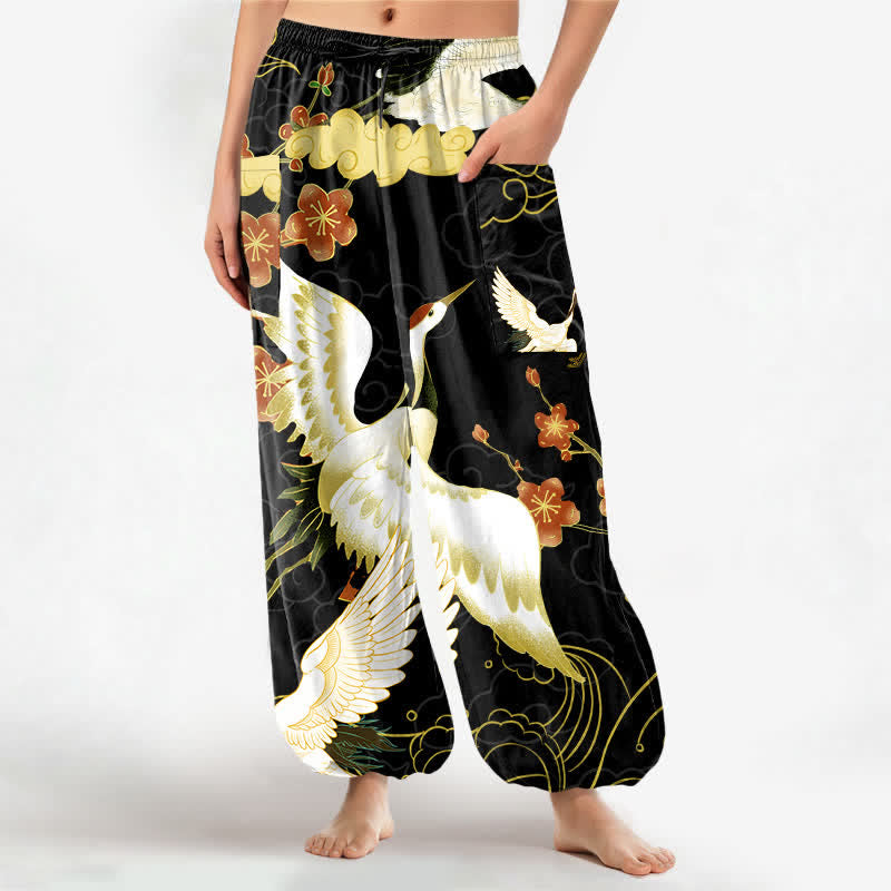 Buddha Stones Pantaloni harem da donna in cotone con elastico in vita e motivo floreale orientale a gru e nuvole, con tasche laterali. - Nero - US16, UK/AU20, EU48 (3XL) - image 0
