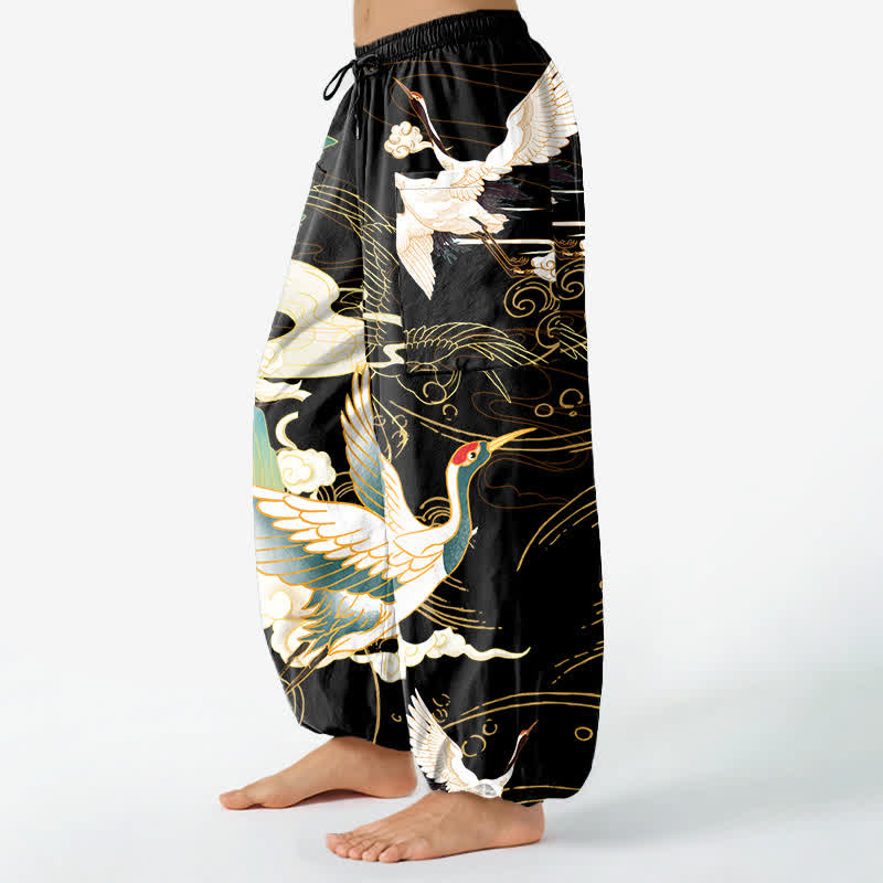 Buddha Stones Pantaloni harem da donna in cotone con motivo a onde orientali e vita elasticizzata, con tasche laterali. - image 1