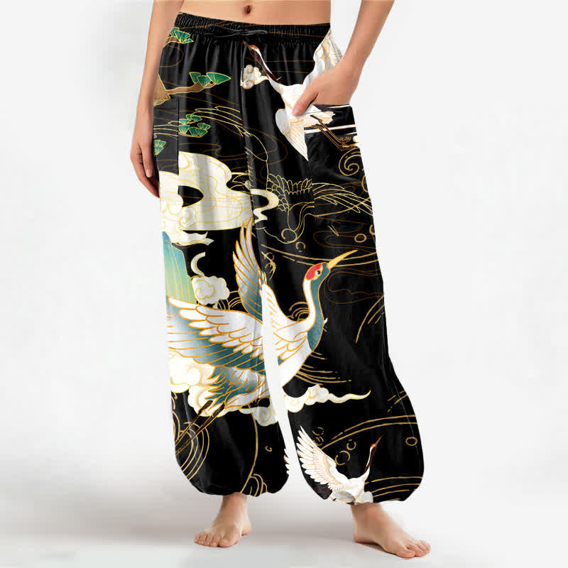 Buddha Stones Pantaloni harem da donna in cotone con motivo a onde orientali e vita elasticizzata, con tasche laterali. - Nero - US16, UK/AU20, EU48 (3XL) - image 0