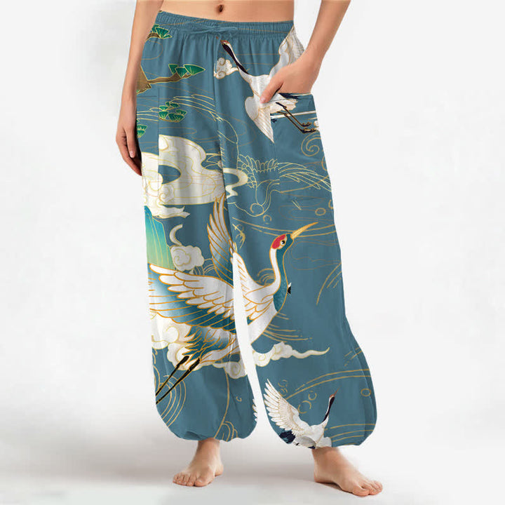 Buddha Stones Pantaloni harem da donna in cotone con motivo a onde orientali e vita elasticizzata, con tasche laterali. - Cadetto Blu - US16, UK/AU20, EU48 (3XL) - image 7