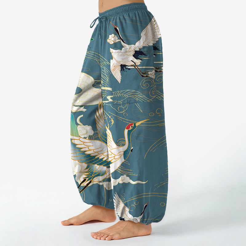 Buddha Stones Pantaloni harem da donna in cotone con motivo a onde orientali e vita elasticizzata, con tasche laterali. - image 8