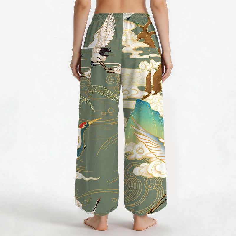 Buddha Stones Pantaloni harem da donna in cotone con motivo a onde orientali e vita elasticizzata, con tasche laterali. - image 12