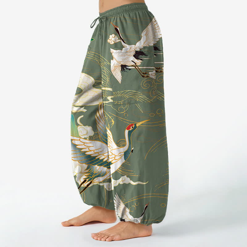 Buddha Stones Pantaloni harem da donna in cotone con motivo a onde orientali e vita elasticizzata, con tasche laterali. - image 11