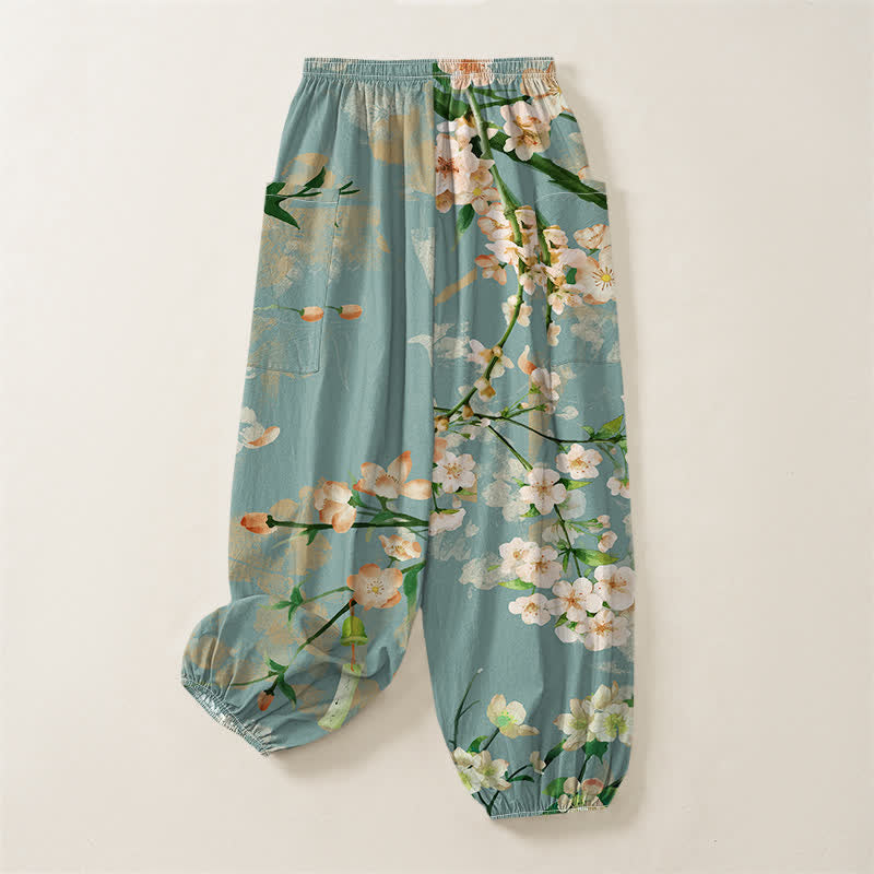Buddha Stones Pantaloni harem da donna in cotone con elastico in vita e motivo di fiori di pesco e uccelli in volo, con tasche laterali. - image 4