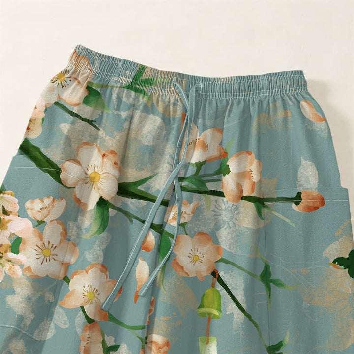 Buddha Stones Pantaloni harem da donna in cotone con elastico in vita e motivo di fiori di pesco e uccelli in volo, con tasche laterali. - image 5