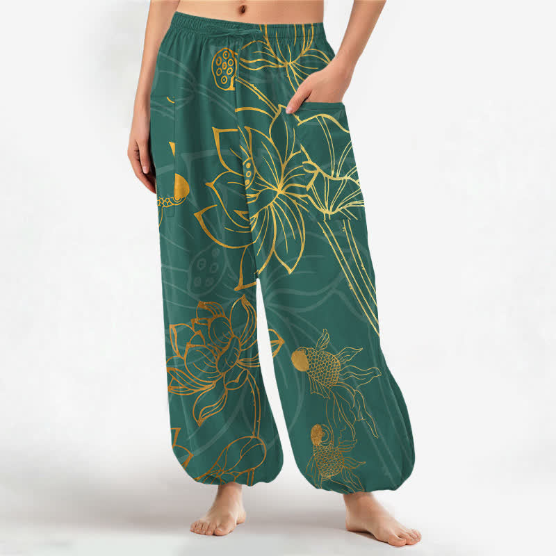 Buddha Stones Pantaloni harem da donna in cotone con elastico in vita e motivo a loto dorato e carpe koi, con tasche laterali. - Verde acqua - US16, UK/AU20, EU48 (3XL) - image 0