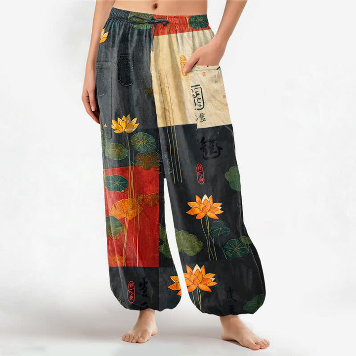 Buddha Stones Pantaloni harem da donna in cotone con motivo patchwork di foglie di loto orientali e vita elasticizzata, con tasche laterali. - Nero - US16, UK/AU20, EU48 (3XL) - image 0