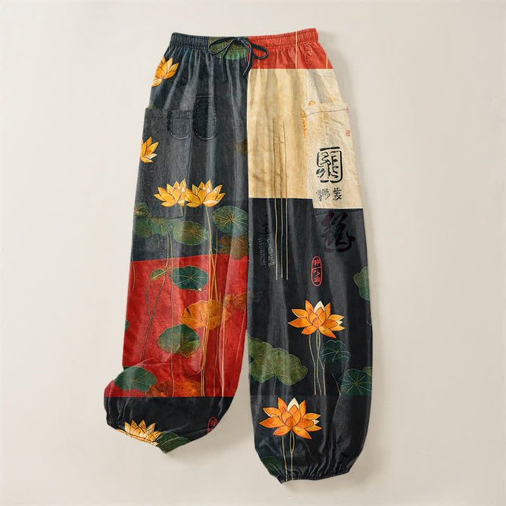 Buddha Stones Pantaloni harem da donna in cotone con motivo patchwork di foglie di loto orientali e vita elasticizzata, con tasche laterali. - image 3