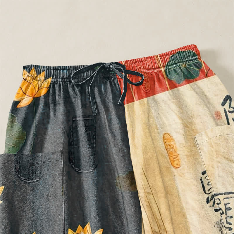 Buddha Stones Pantaloni harem da donna in cotone con motivo patchwork di foglie di loto orientali e vita elasticizzata, con tasche laterali. - image 5