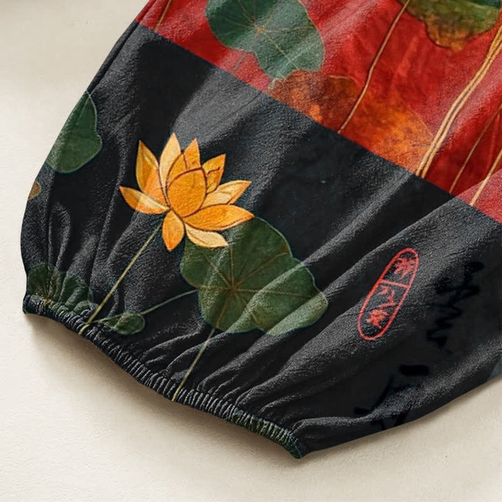 Buddha Stones Pantaloni harem da donna in cotone con motivo patchwork di foglie di loto orientali e vita elasticizzata, con tasche laterali. - image 6