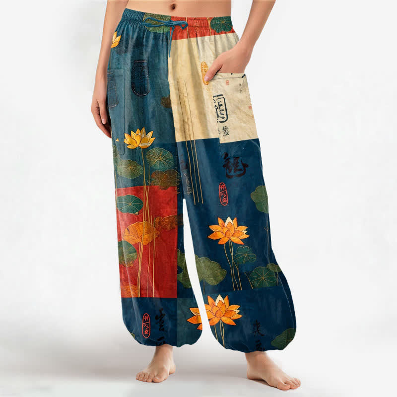 Buddha Stones Pantaloni harem da donna in cotone con motivo patchwork di foglie di loto orientali e vita elasticizzata, con tasche laterali. - SteelBlue - US16, UK/AU20, EU48 (3XL) - image 7