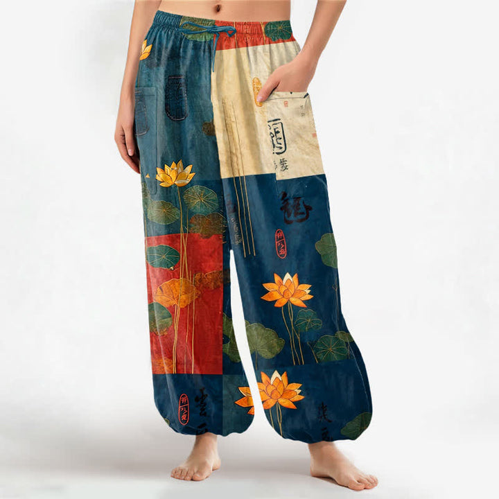 Buddha Stones Pantaloni harem da donna in cotone con motivo patchwork di foglie di loto orientali e vita elasticizzata, con tasche laterali. - SteelBlue - US16, UK/AU20, EU48 (3XL) - image 7