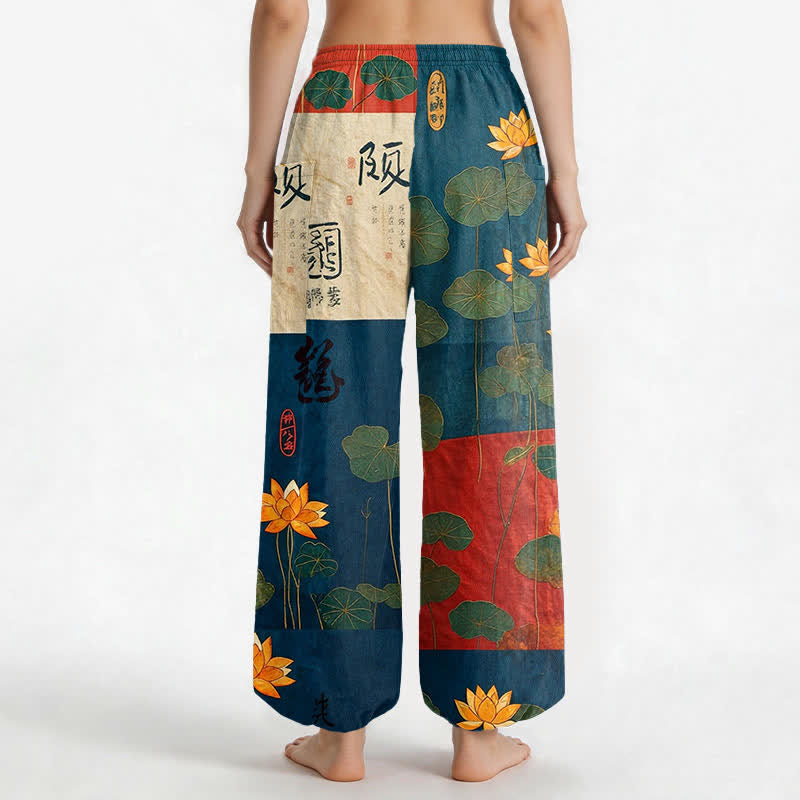 Buddha Stones Pantaloni harem da donna in cotone con motivo patchwork di foglie di loto orientali e vita elasticizzata, con tasche laterali. - image 9