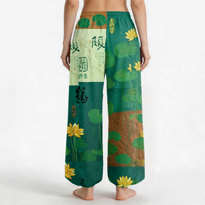 Buddha Stones Pantaloni harem da donna in cotone con motivo patchwork di foglie di loto orientali e vita elasticizzata, con tasche laterali. - image 12