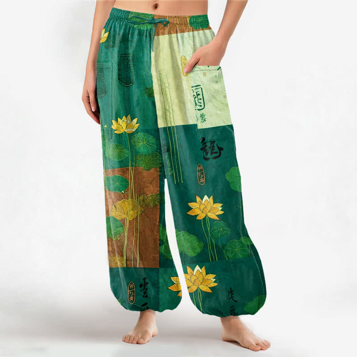 Buddha Stones Pantaloni harem da donna in cotone con motivo patchwork di foglie di loto orientali e vita elasticizzata, con tasche laterali. - Acquamarina media - US16, UK/AU20, EU48 (3XL) - image 10