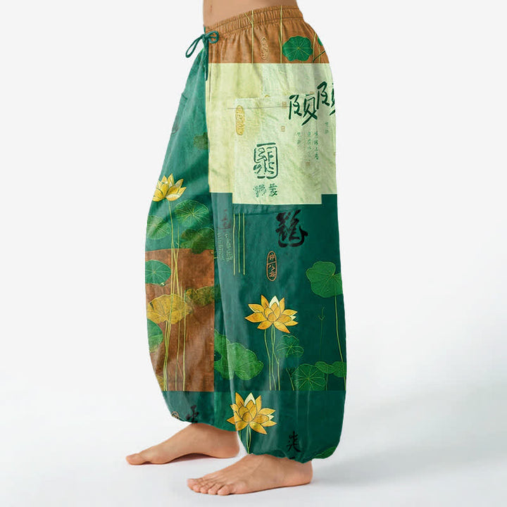 Buddha Stones Pantaloni harem da donna in cotone con motivo patchwork di foglie di loto orientali e vita elasticizzata, con tasche laterali. - image 11