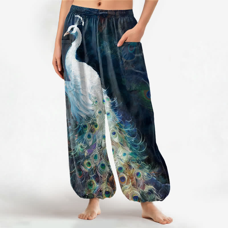 Buddha Stones Pantaloni harem da donna in cotone bianco con motivo a piume di pavone e vita elasticizzata, con tasche laterali. - Marina - US16, UK/AU20, EU48 (3XL) - image 0