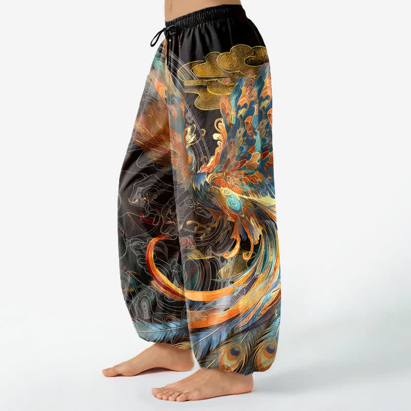 Buddha Stones Pantaloni harem da donna in cotone stile bohémien con motivo a piume di fenice volante, vita elasticizzata e tasche laterali. - image 1