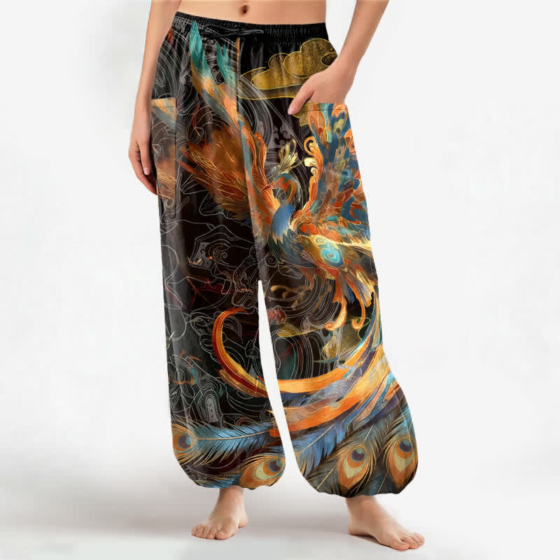 Buddha Stones Pantaloni harem da donna in cotone stile bohémien con motivo a piume di fenice volante, vita elasticizzata e tasche laterali. - Nero - US16, UK/AU20, EU48 (3XL) - image 0