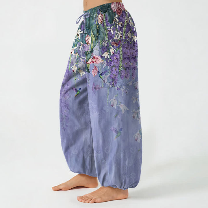 Buddha Stones Pantaloni harem da donna in cotone stile vintage con motivo floreale di uccellini e glicine, vita elasticizzata e tasche laterali. - image 1