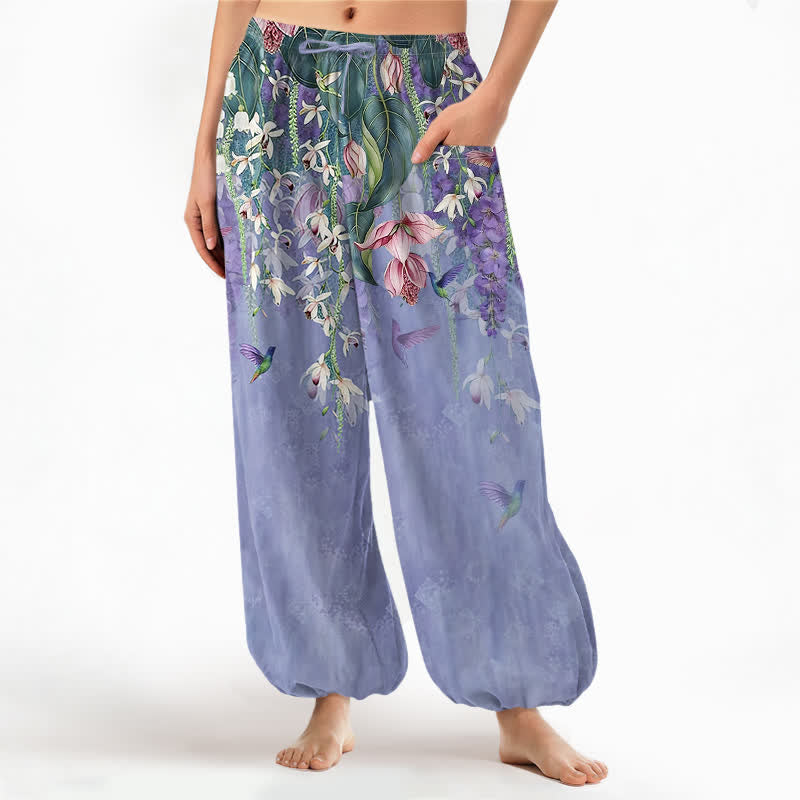 Buddha Stones Pantaloni harem da donna in cotone stile vintage con motivo floreale di uccellini e glicine, vita elasticizzata e tasche laterali. - Lavanda - US16, UK/AU20, EU48 (3XL) - image 0