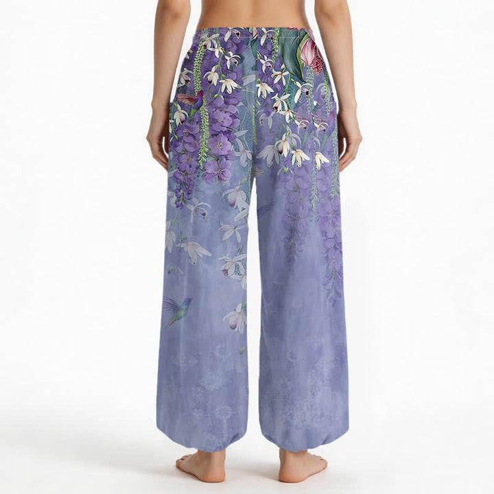 Buddha Stones Pantaloni harem da donna in cotone stile vintage con motivo floreale di uccellini e glicine, vita elasticizzata e tasche laterali. - image 2
