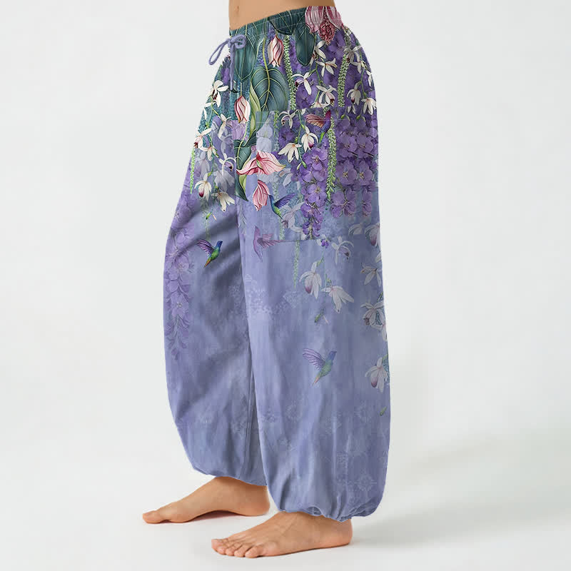 Buddha Stones Pantaloni harem da donna in cotone stile vintage con motivo floreale di uccellini e glicine, vita elasticizzata e tasche laterali. - image 1