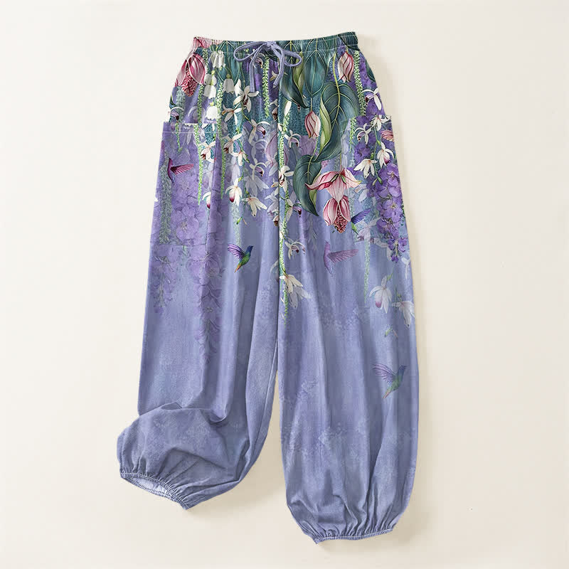 Buddha Stones Pantaloni harem da donna in cotone stile vintage con motivo floreale di uccellini e glicine, vita elasticizzata e tasche laterali. - image 3
