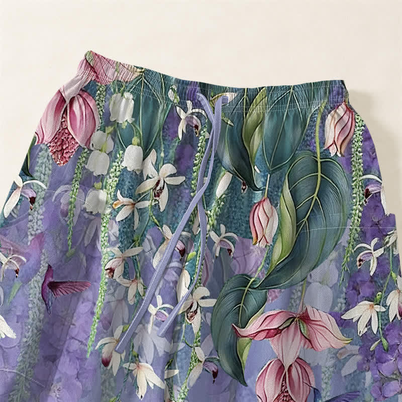 Buddha Stones Pantaloni harem da donna in cotone stile vintage con motivo floreale di uccellini e glicine, vita elasticizzata e tasche laterali. - image 5