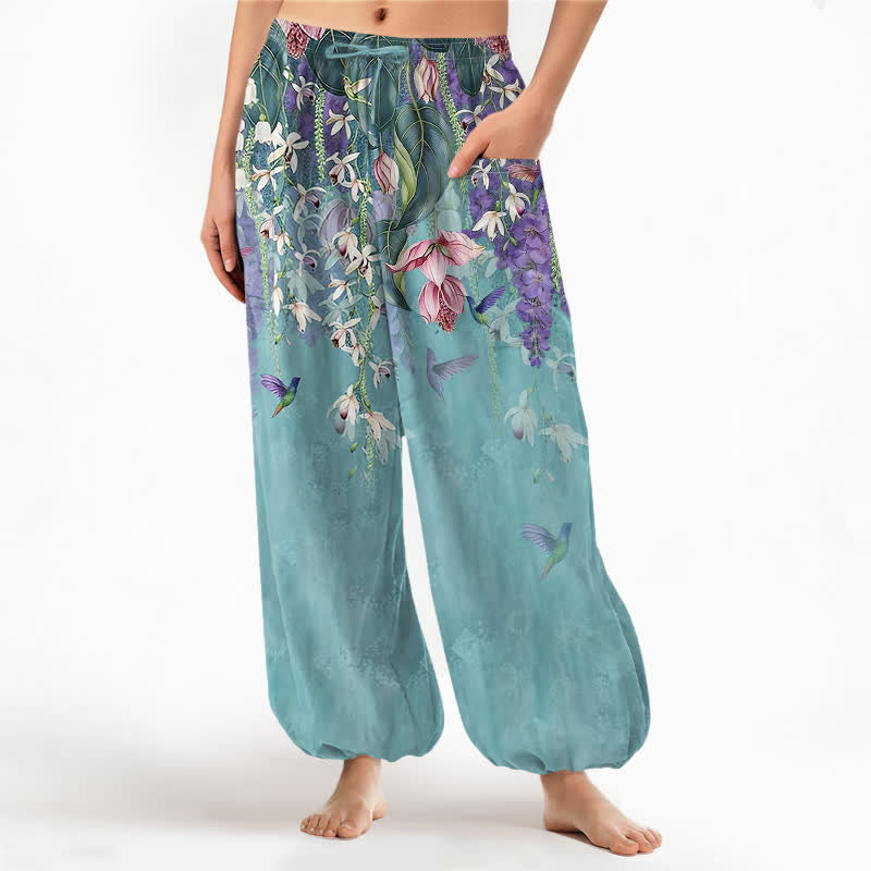 Buddha Stones Pantaloni harem da donna in cotone stile vintage con motivo floreale di uccellini e glicine, vita elasticizzata e tasche laterali. - Turchese medio - US16, UK/AU20, EU48 (3XL) - image 7