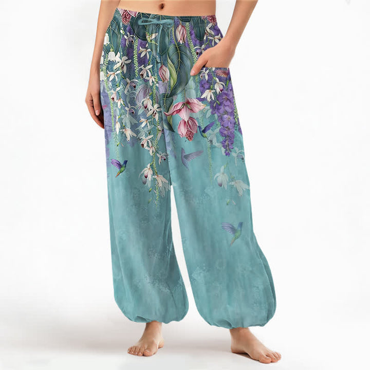 Buddha Stones Pantaloni harem da donna in cotone stile vintage con motivo floreale di uccellini e glicine, vita elasticizzata e tasche laterali. - Turchese medio - US16, UK/AU20, EU48 (3XL) - image 7