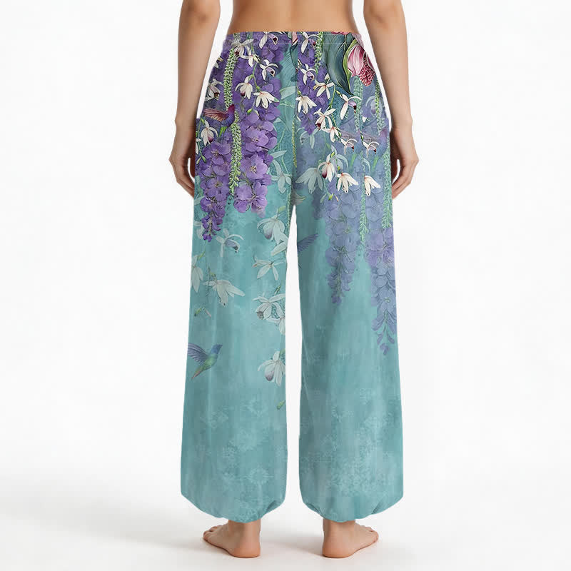 Buddha Stones Pantaloni harem da donna in cotone stile vintage con motivo floreale di uccellini e glicine, vita elasticizzata e tasche laterali. - image 9