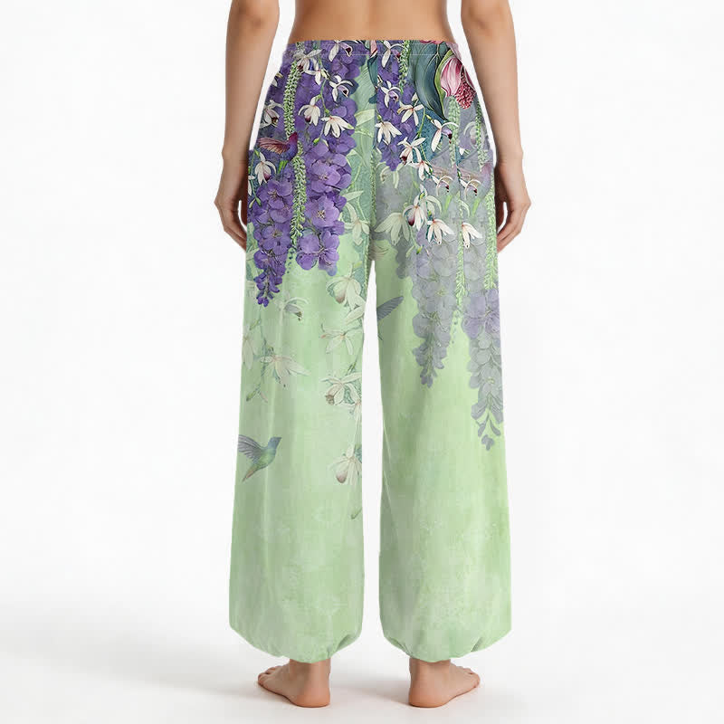 Buddha Stones Pantaloni harem da donna in cotone stile vintage con motivo floreale di uccellini e glicine, vita elasticizzata e tasche laterali. - image 12