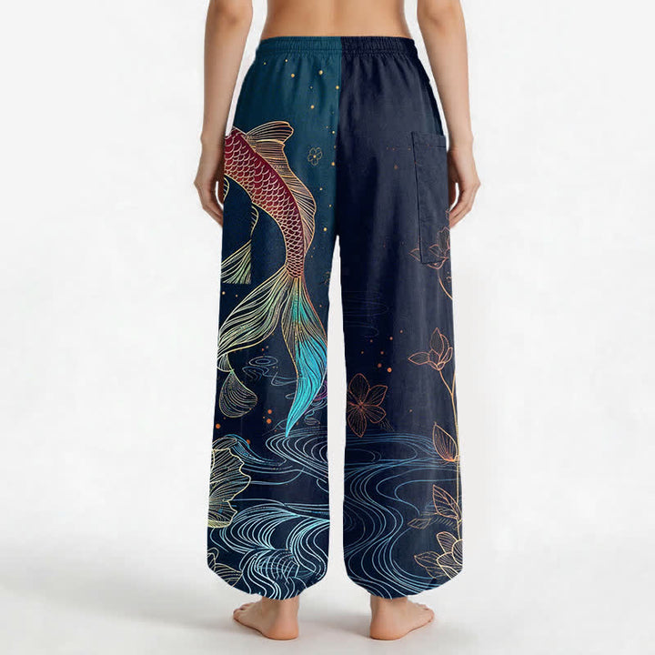 Buddha Stones Pantaloni harem da donna in cotone con elastico in vita e motivo di carpe koi e fiori di loto, con tasche laterali. - image 2